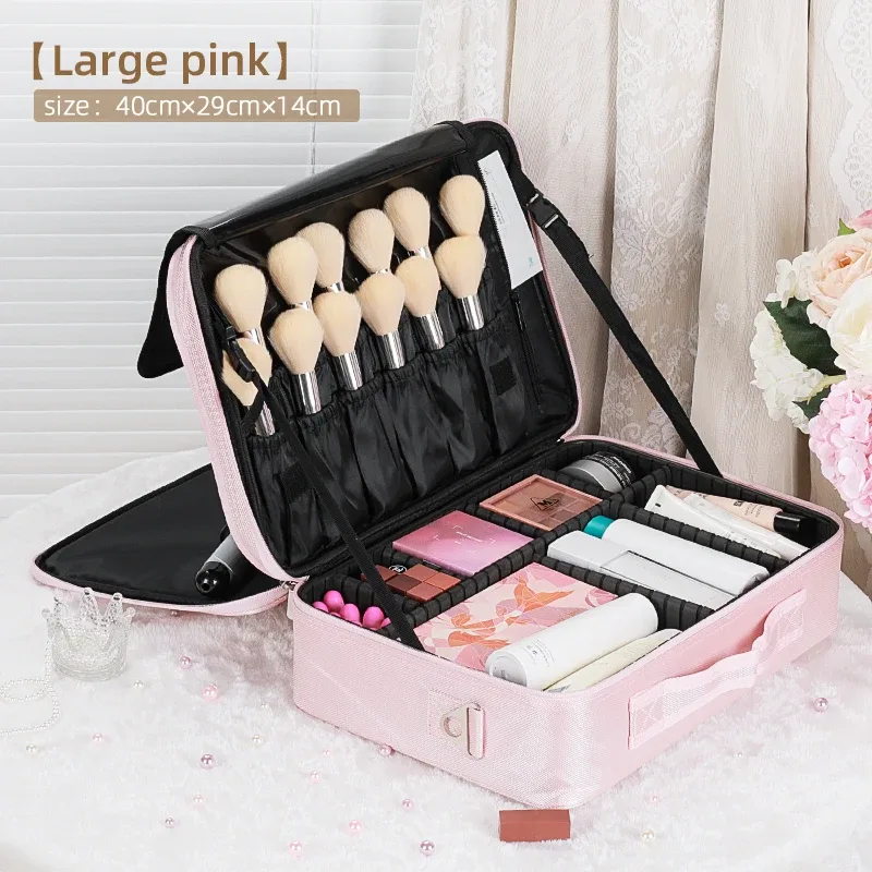 trousse de maquillage de voyage, étuis de train de maquillage, organisateur professionnel de rouge à lèvres avec bandoulière, séparateurs réglables pour maquillage cosmétique