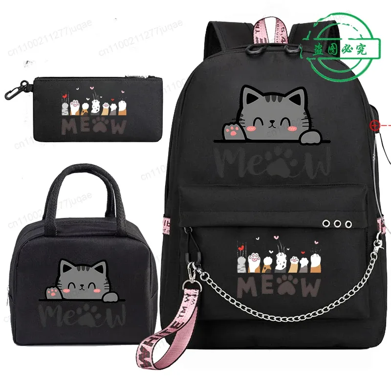sac à dos scolaire pour étudiants et adolescents, sac à dos mignon kawaii avec motif de chat anime, sac à dos pour livres avec sacs à lunch portables, 3 pièces