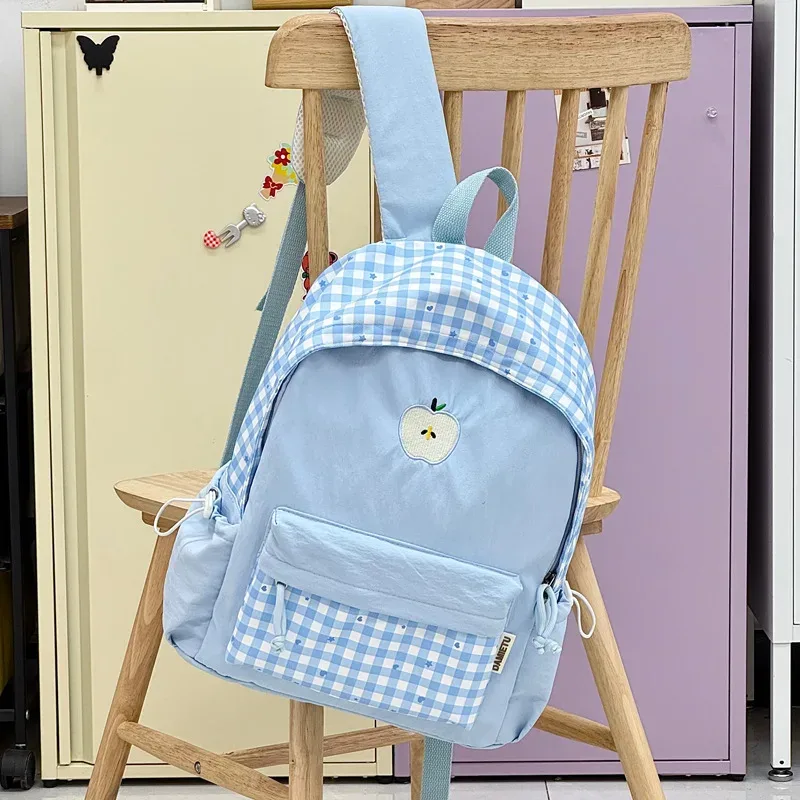 sac à dos d'étudiant en nylon à carreaux, style coréen, motif cœur, doux, mignon, décontracté, respirant, léger, pour les trajets quotidiens