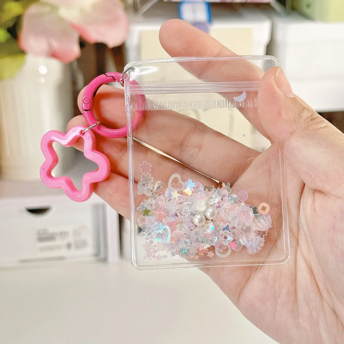 porte-clés mignon et tendance, mini sac de rangement transparent en forme d'étoile à cinq branches pour femme, pendentif pour sac et clés de voiture