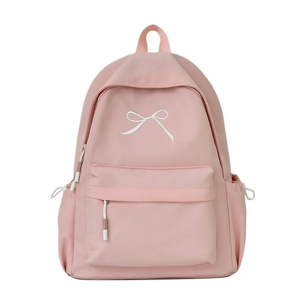 sac à dos portable avec nœud brodé pour filles, cartable en nylon de couleur unie pour étudiants, sac à dos de voyage léger de grande capacité
