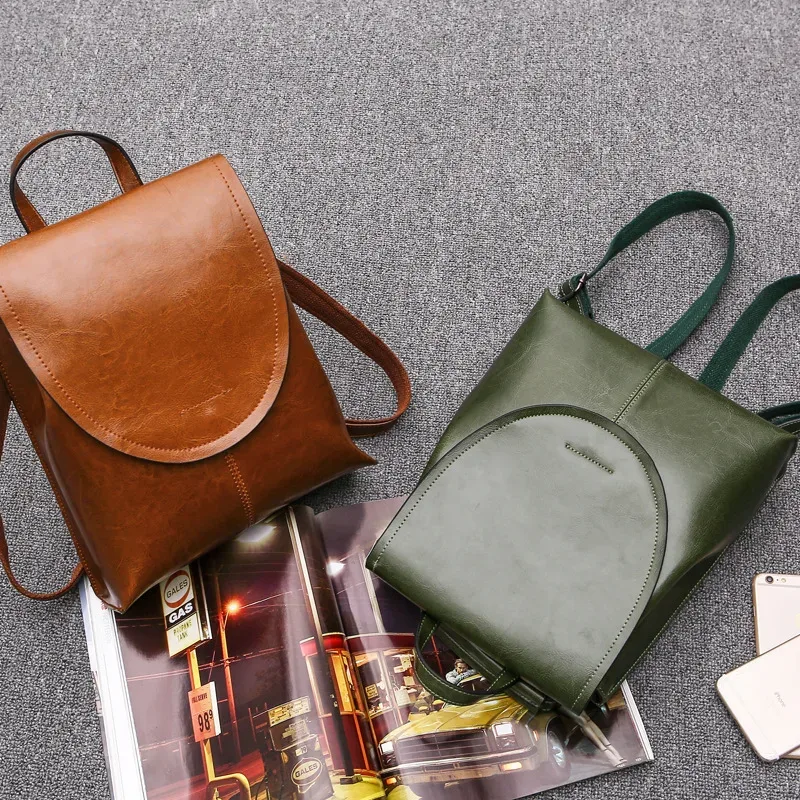 sac à dos en cuir véritable pour femmes, à bandoulière, à la mode, en cire d'huile, sac de jour