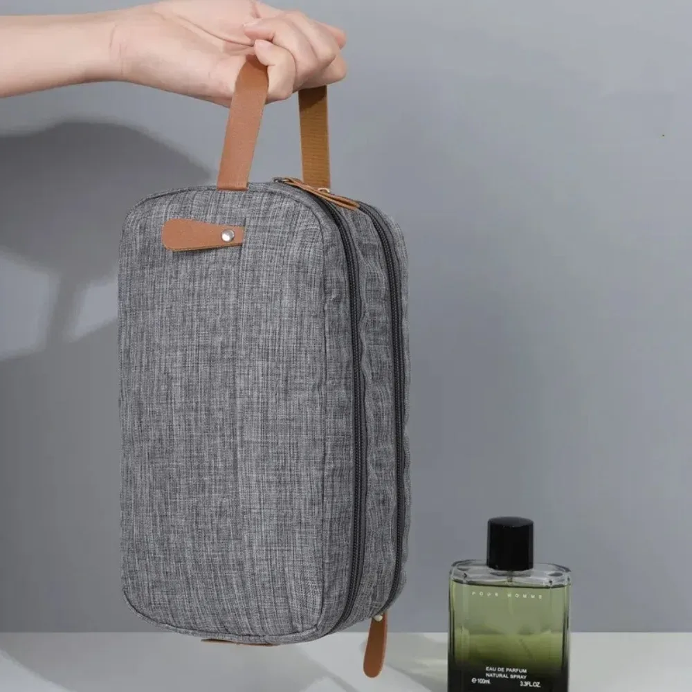 trousse de toilette de voyage couleur unie double couche portable pour homme avec compartiments grande capacité
