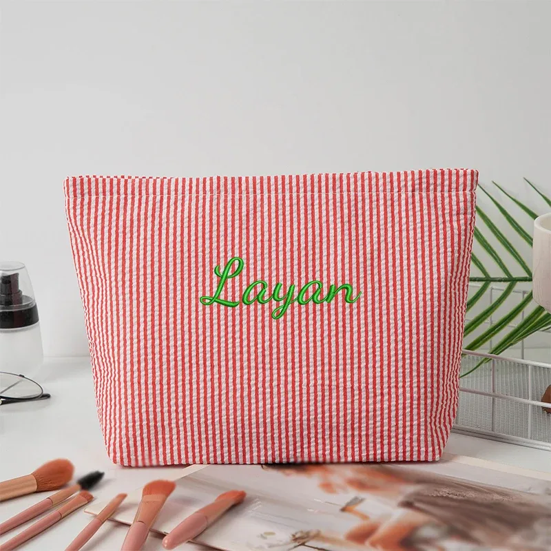 sac de maquillage rayé en gaze bulle, personnalisable avec broderie ou style standard (2 options), pochette de rangement, saison rentrée scolaire