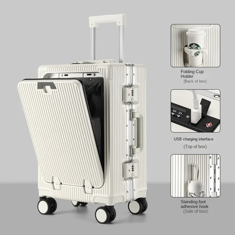 nouvelle valise ouverture avant pochette d'ordinateur cadre en aluminium bagages avec port usb mot de passe boîtier de chariot valises de voyage 20-28 pouces