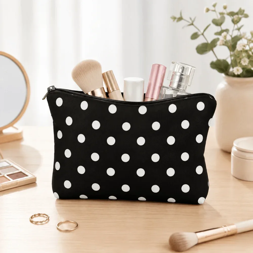pochette de maquillage à pois tendance en polyester avec fermeture éclair, trousse de toilette portable