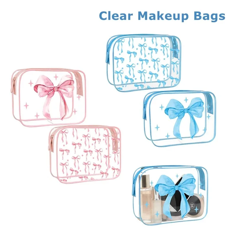 ● 1PCS Pochette en nylon PVC imperméable à imprimé nœud mignon, sac à maquillage transparent, pochette zippée pour articles de toilette, sacs cosmétiques