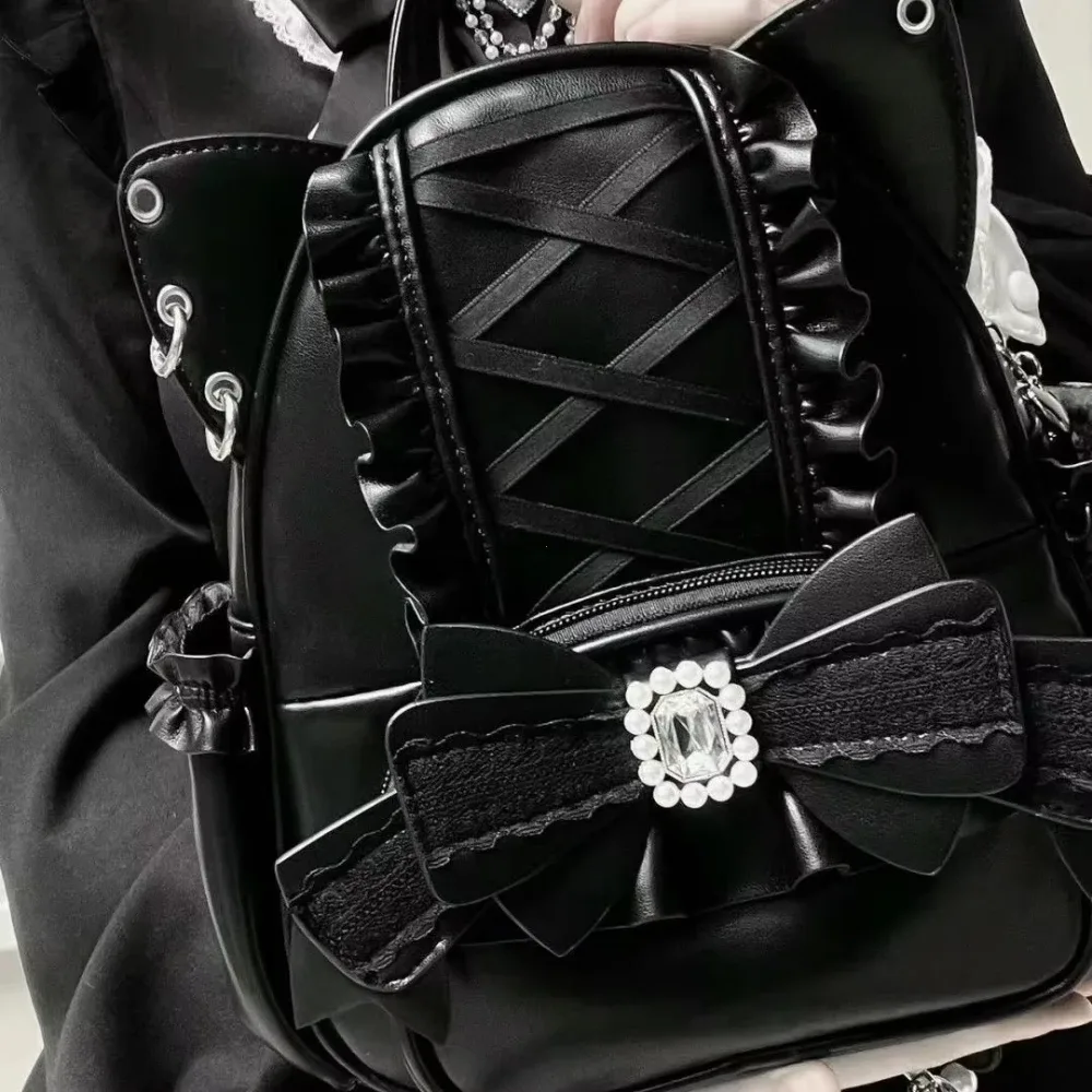mode coréenne y2k punk sac à dos dentelle arc chat oreille lotus dentelle décoration lolita sac à dos en cuir pu grande capacité femmes sac à dos