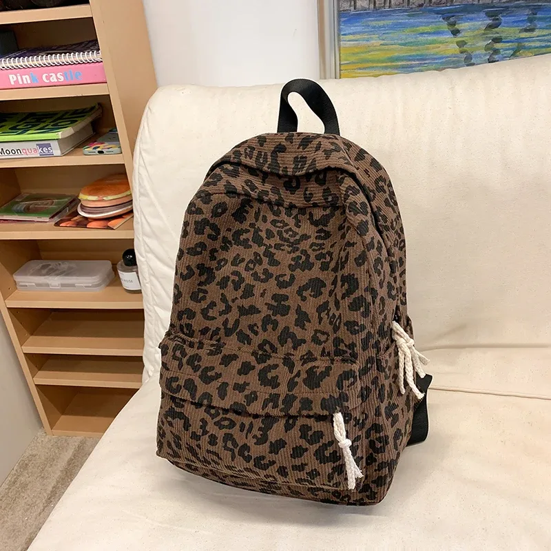 sac à dos léopard en velours côtelé, sac à dos tendance pour étudiants, grande capacité, sac à bandoulière élégant, multi-poches, sac de voyage en plein air