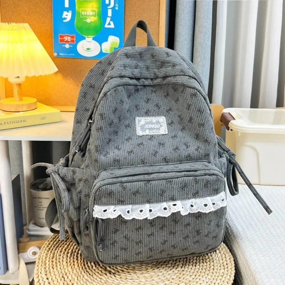 sac à dos en velours côtelé de style coréen, style preppy, grande capacité, sac à dos pour étudiants, bordure en dentelle, nœud papillon, motif à pois