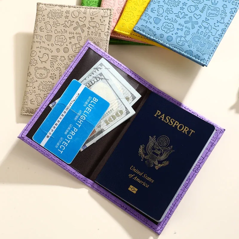 3 housses de protection pour passeport en relief à motif de dessin animé, ensemble de porte-cartes de voyage multicolores en pu