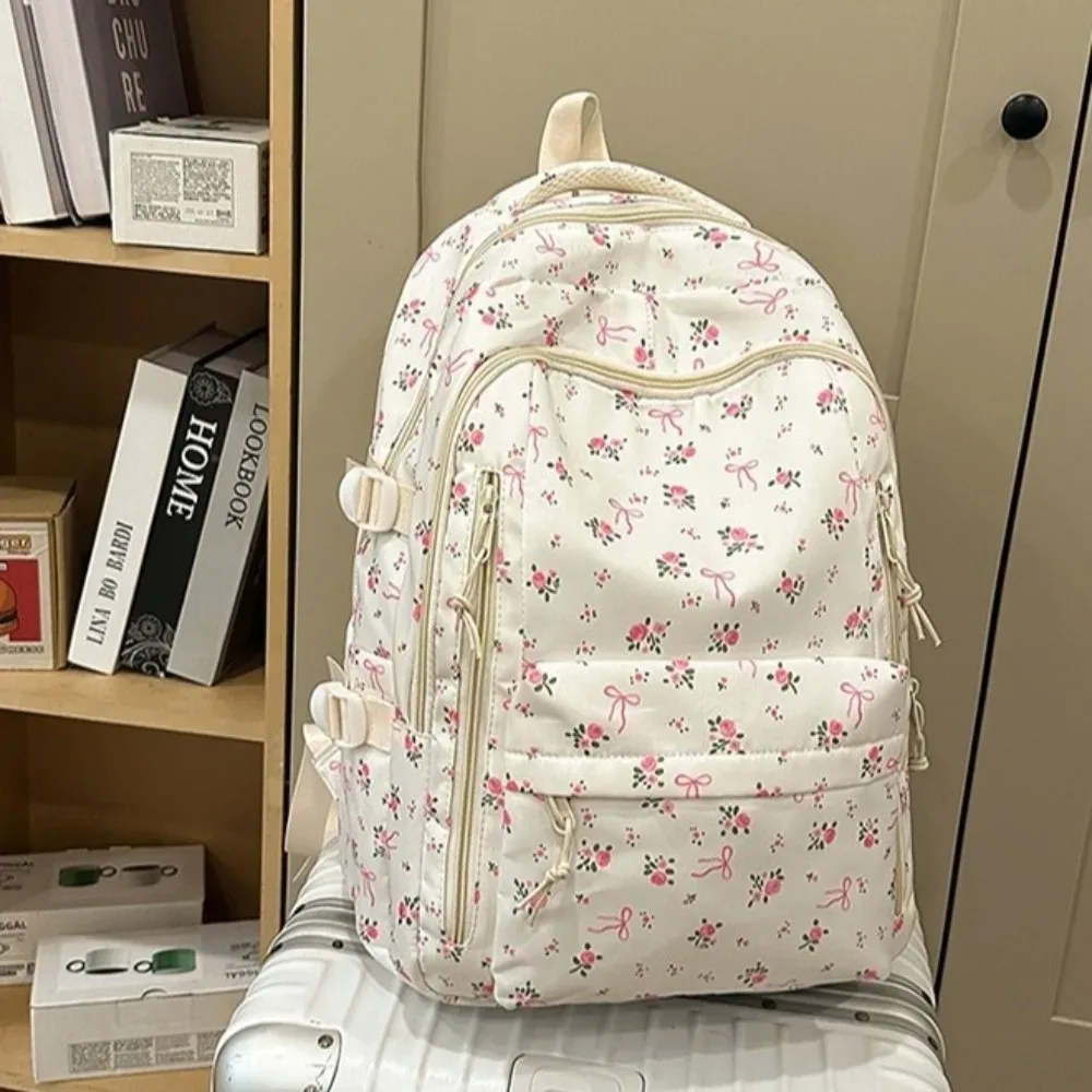 sac à dos grande capacité à imprimé floral, multi-poches, motif nœud épaissi, léger et durable, pour l'école primaire