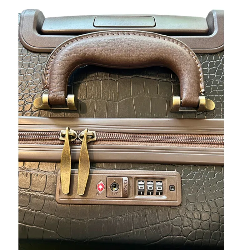 bagage en pu texture crocodile vintage, valise à main de 20 pouces, valise à carreaux de 24/26 pouces, roues spinner de grande capacité, durables pour les entreprises