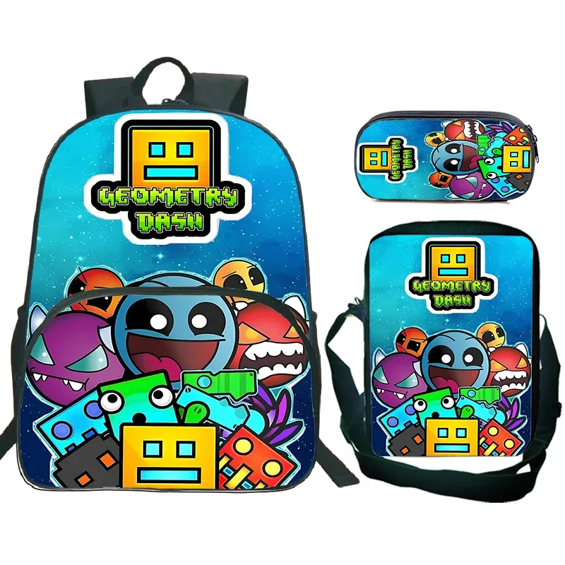 ensemble de 3 sacs à dos cartoon geometry dash pour garçons et filles, sac d'école de grande capacité, sac de voyage, sac à bandoulière pour enfants, sac à crayons