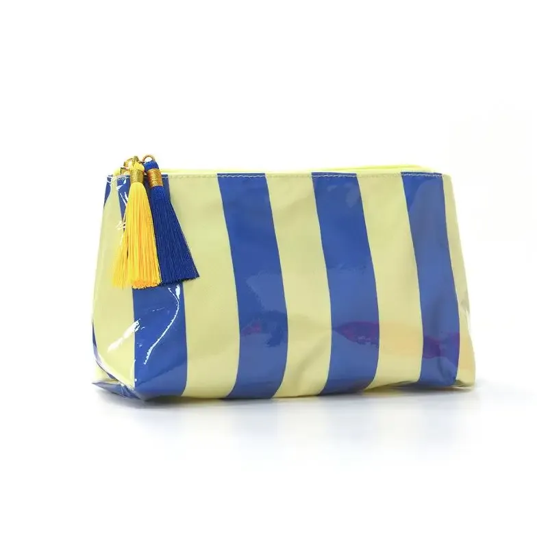 pochette cosmétique rayée en pvc avec franges et fermeture éclair, trousse de toilette imperméable, étui pour pinceaux de maquillage