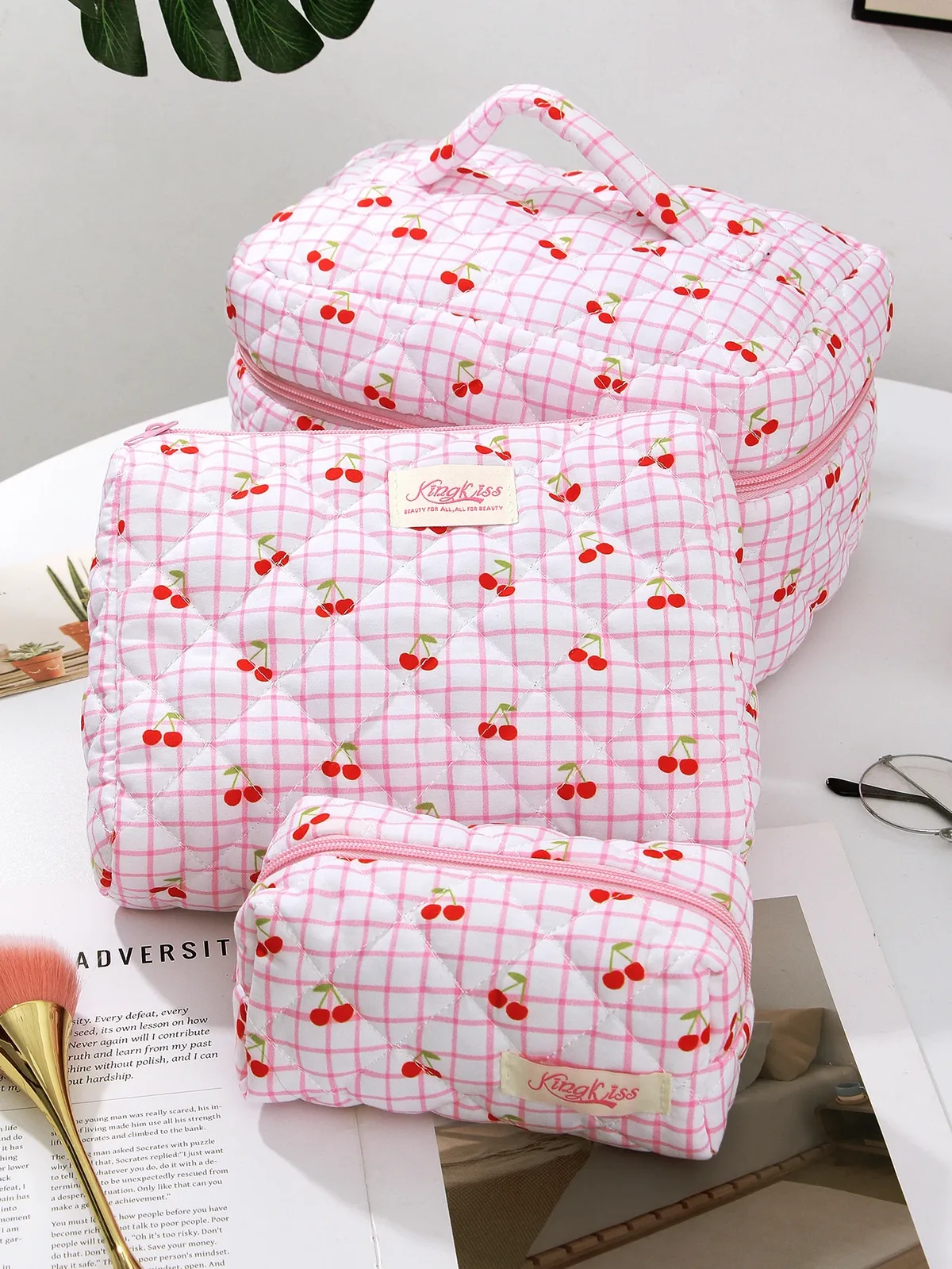 grand sac de maquillage matelassé cerise rose 1 pièce/ensemble, trousse de maquillage mignonne, trousse de maquillage de voyage, trousse de rangement de maquillage pour femmes et filles