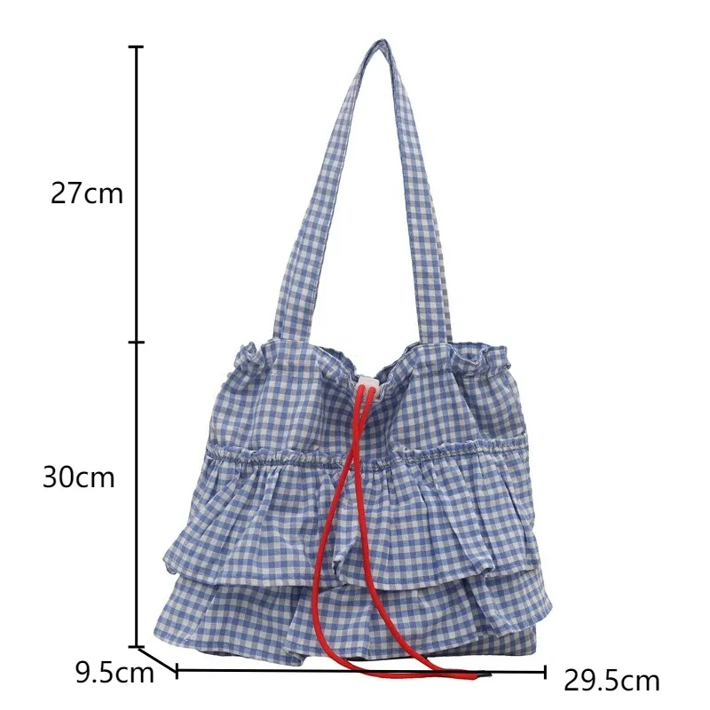 sac fourre-tout pour femme, à volants, à carreaux, avec cordon de serrage, sac à main en toile tendance, grande capacité, sacs coréens, bolsos de mujer