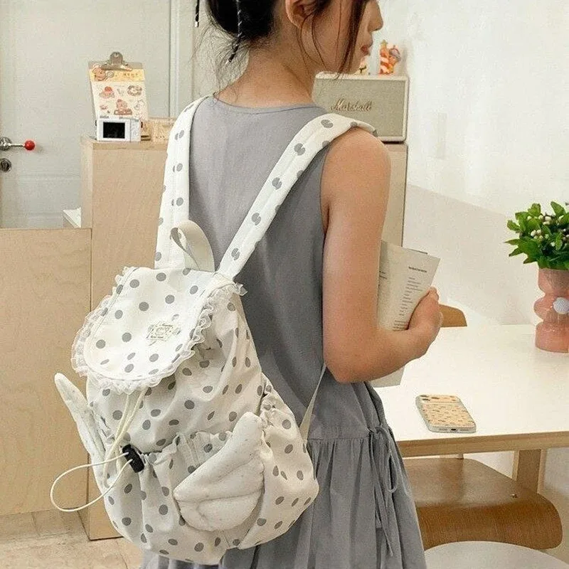 sac à dos pour étudiants à cordon de serrage avec motif ailes d'ange et pois, sac d'école coréen mignon et élégant en nylon, sac de voyage léger et spacieux