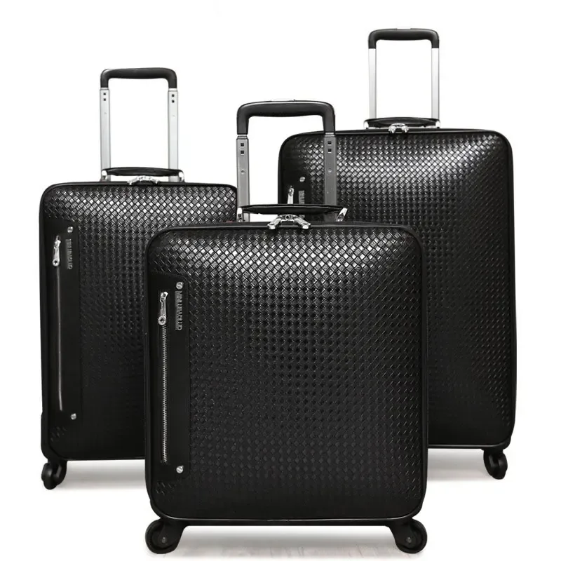 Valise à roulettes en cuir véritable pour hommes, valise d'embarquement d'affaires, roue universelle, sac à bagages, motif tissé, 20 po, 16 po