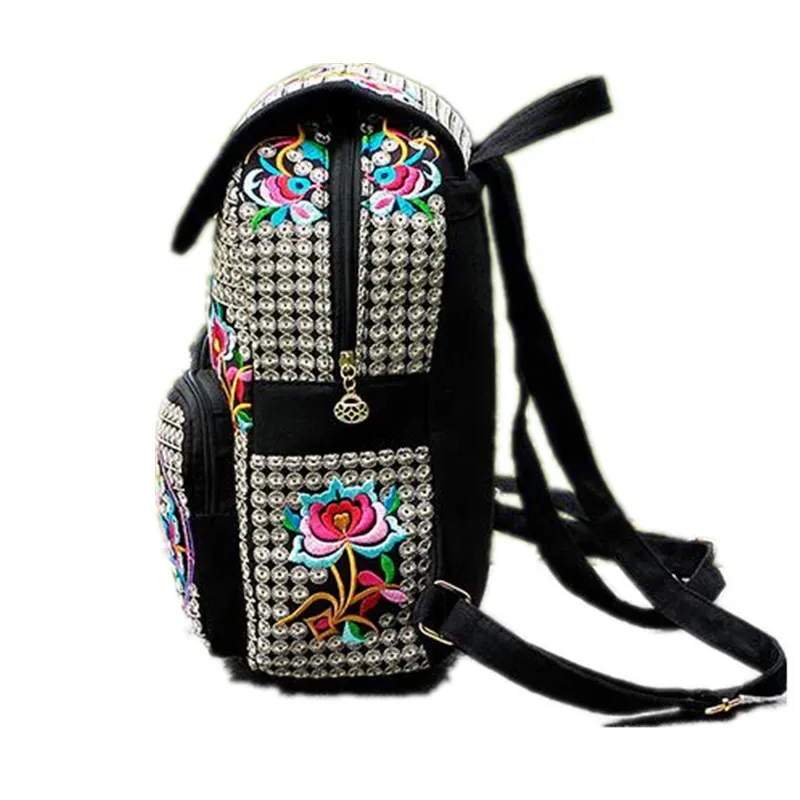 sac à dos vintage en toile brodée florale, sac à dos ethnique décontracté pour filles avec plusieurs poches, cartable à rabat, sac de voyage pour dames