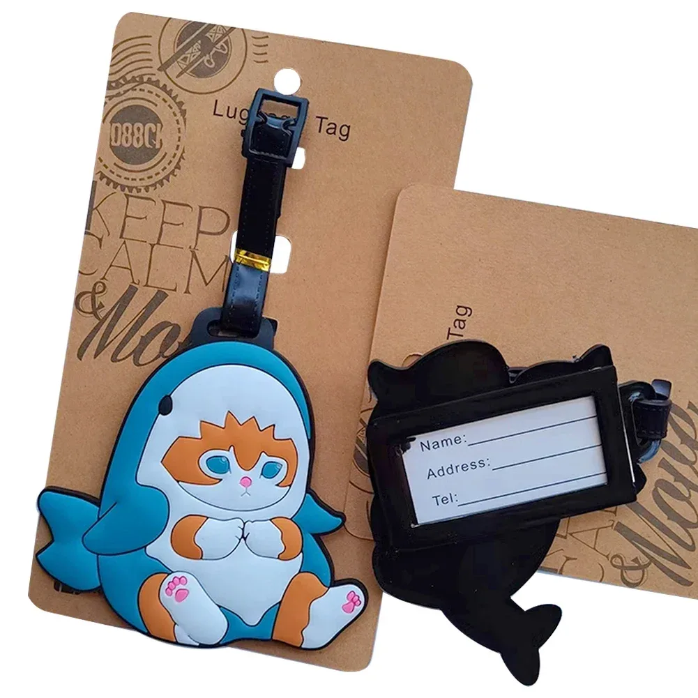 étiquette de bagage design chat requin kawaii, accessoires de voyage pour femmes, étiquette de bagage en pvc de dessin animé pour hommes, portable, anti-perte, adresse, nom