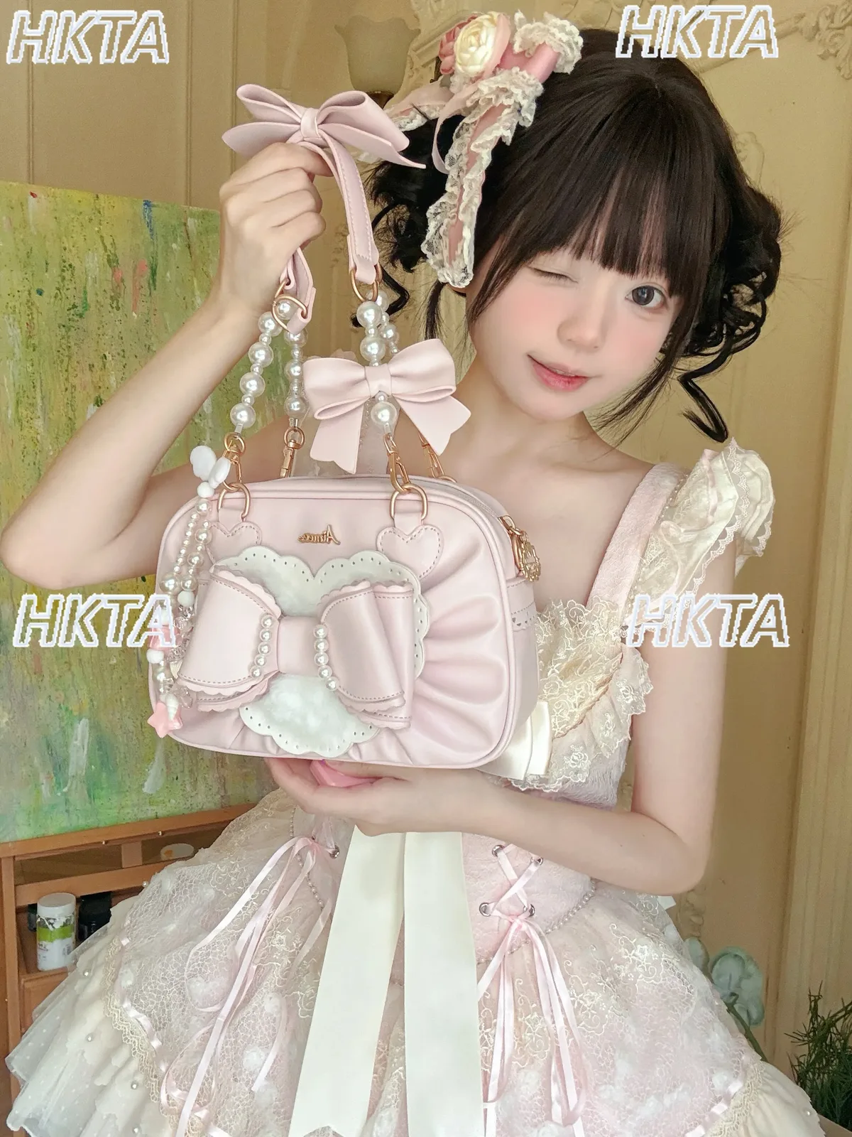 nouvelle mode estivale japonaise : sac à bandoulière oblique lolita vintage, sac à dos mignon en pu avec nœud, perles et motifs d'amour pour femmes