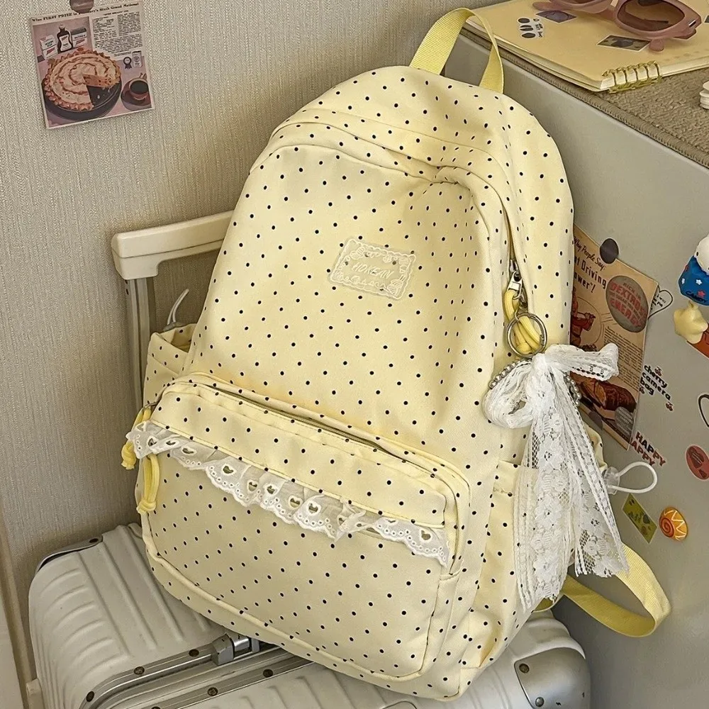 sac à dos de voyage mignon à pois, grande capacité, en nylon, pour étudiants, multi-poches avec dentelle, sac à dos pour ordinateur portable
