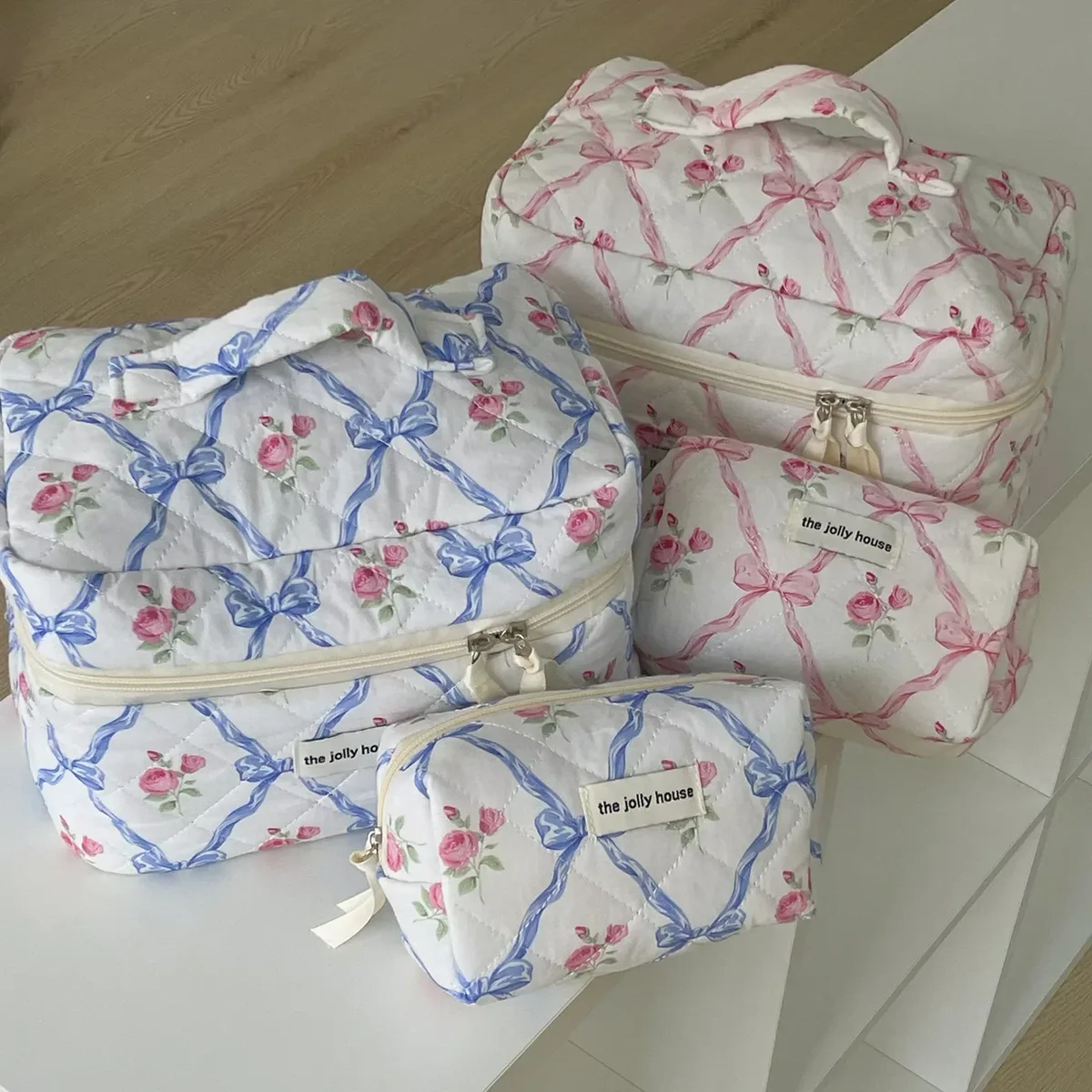 trousse de toilette portable avec fermeture éclair pour femme, trousse de maquillage, sac à main, courtepointe, coton, mignon, nœud, fleur, femme, évaluation, gril, cosmétique, filles