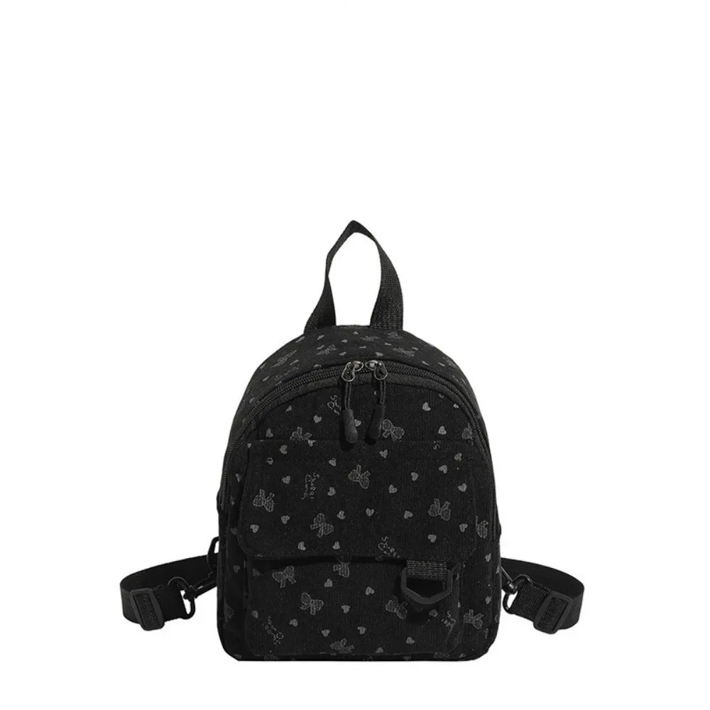 mini sac à dos en velours côtelé léger avec imprimé cœur et nœud, sac à dos décontracté multi-compartiments à ouverture zippée, sac à bandoulière de voyage