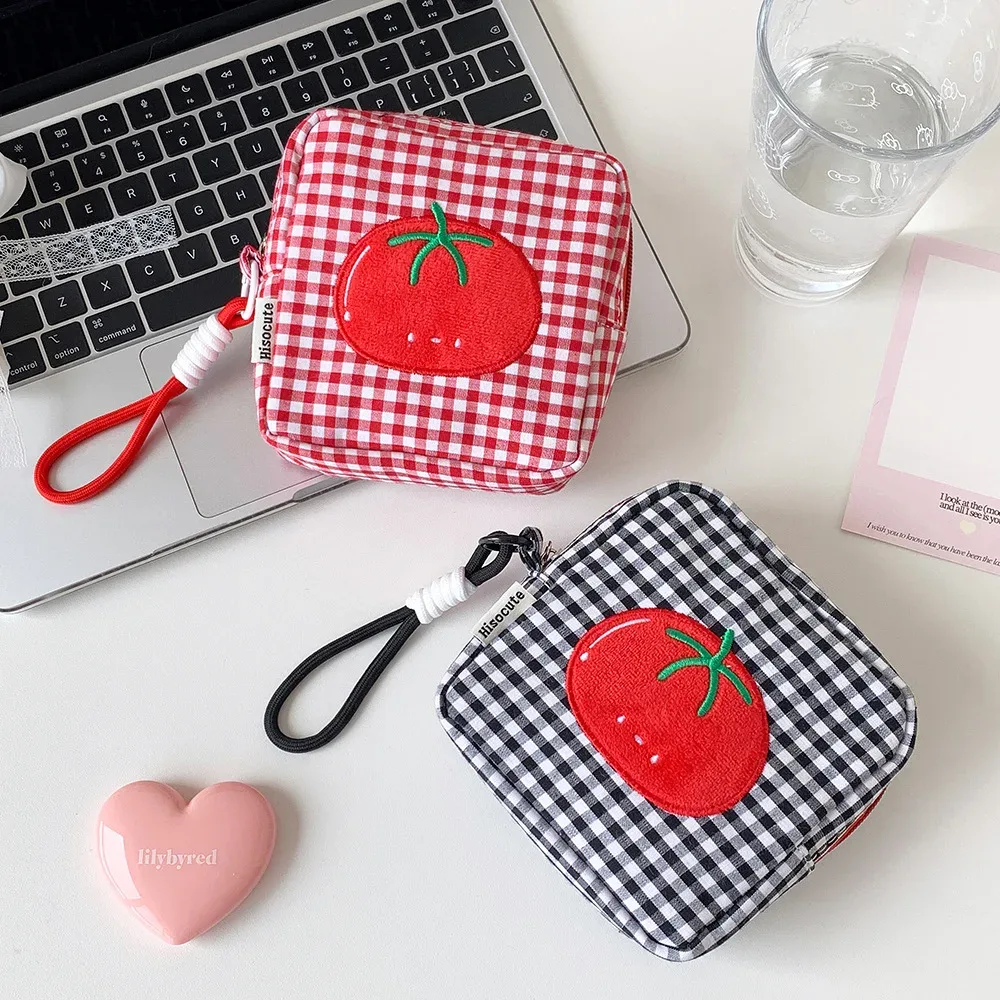 sac de rangement portable pour serviettes hygiéniques à motif quadrillé tomate pour femme, trousse de maquillage avec fermeture éclair, porte-tampons pour sac à main