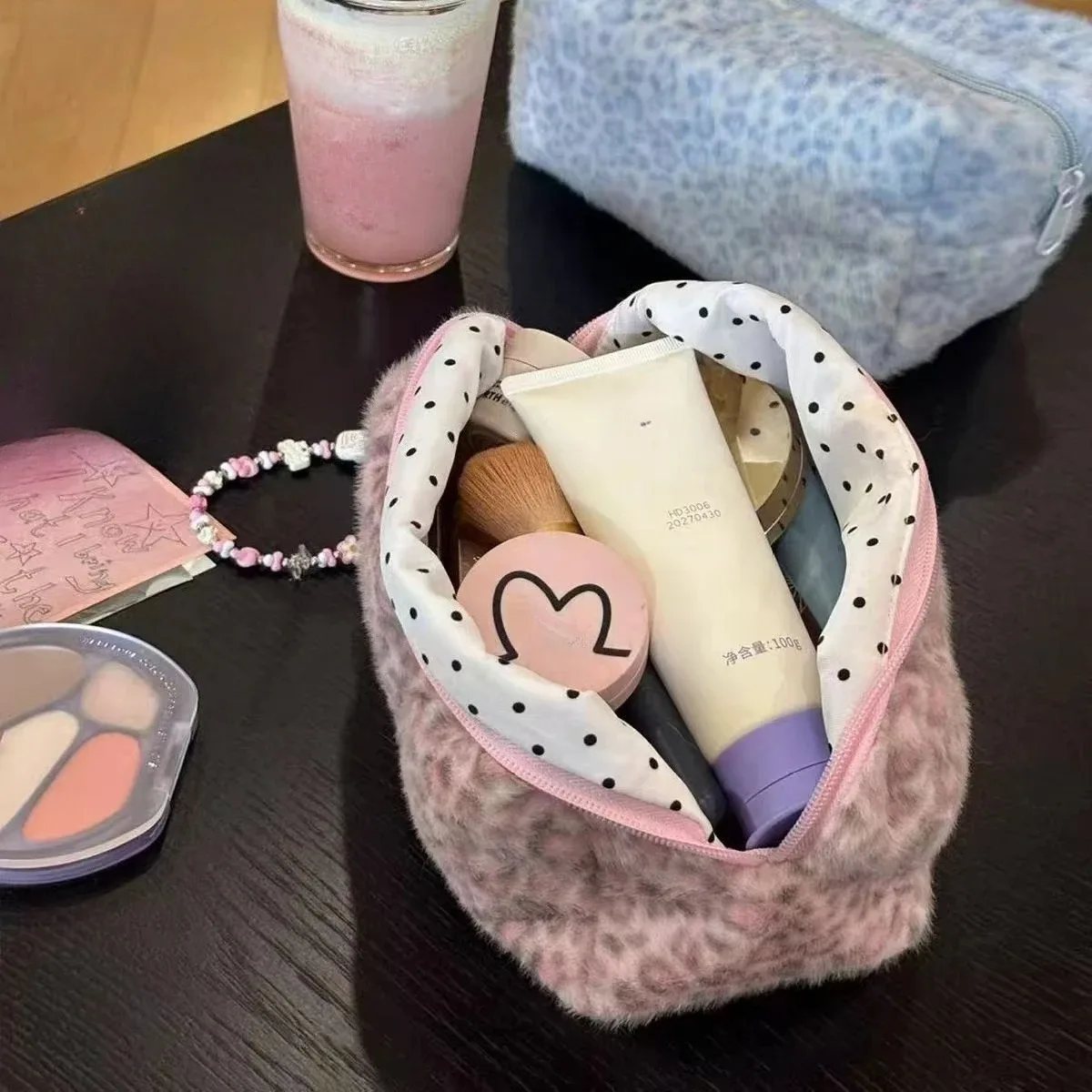 1/2 pièces trousse de toilette et de maquillage durable et douce, grande capacité, imprimé léopard, portable, pour filles, rangement de voyage