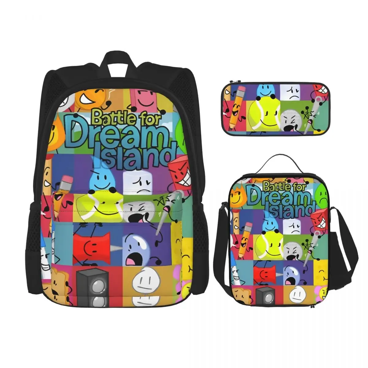 bfdi bfb et tpot bataille pour dream island dessin animé 3pecs/ensemble sac à dos pour adolescent ordinateur portable sac à bandoulière sac à déjeuner trousse à crayons