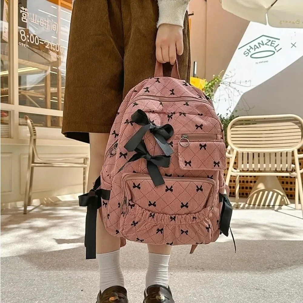 sac à dos scolaire en velours côtelé à nœud, style ins, imprimé nœud, polyvalent, grande capacité, pour étudiants et femmes