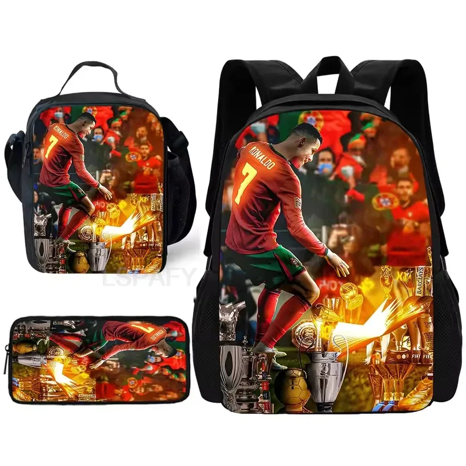 ensemble de sacs à dos 3 pièces à motif cr7 soccer star – sac à dos décontracté de grande capacité avec pochette et sac fourre-tout assortis, parfait pour le quotidien