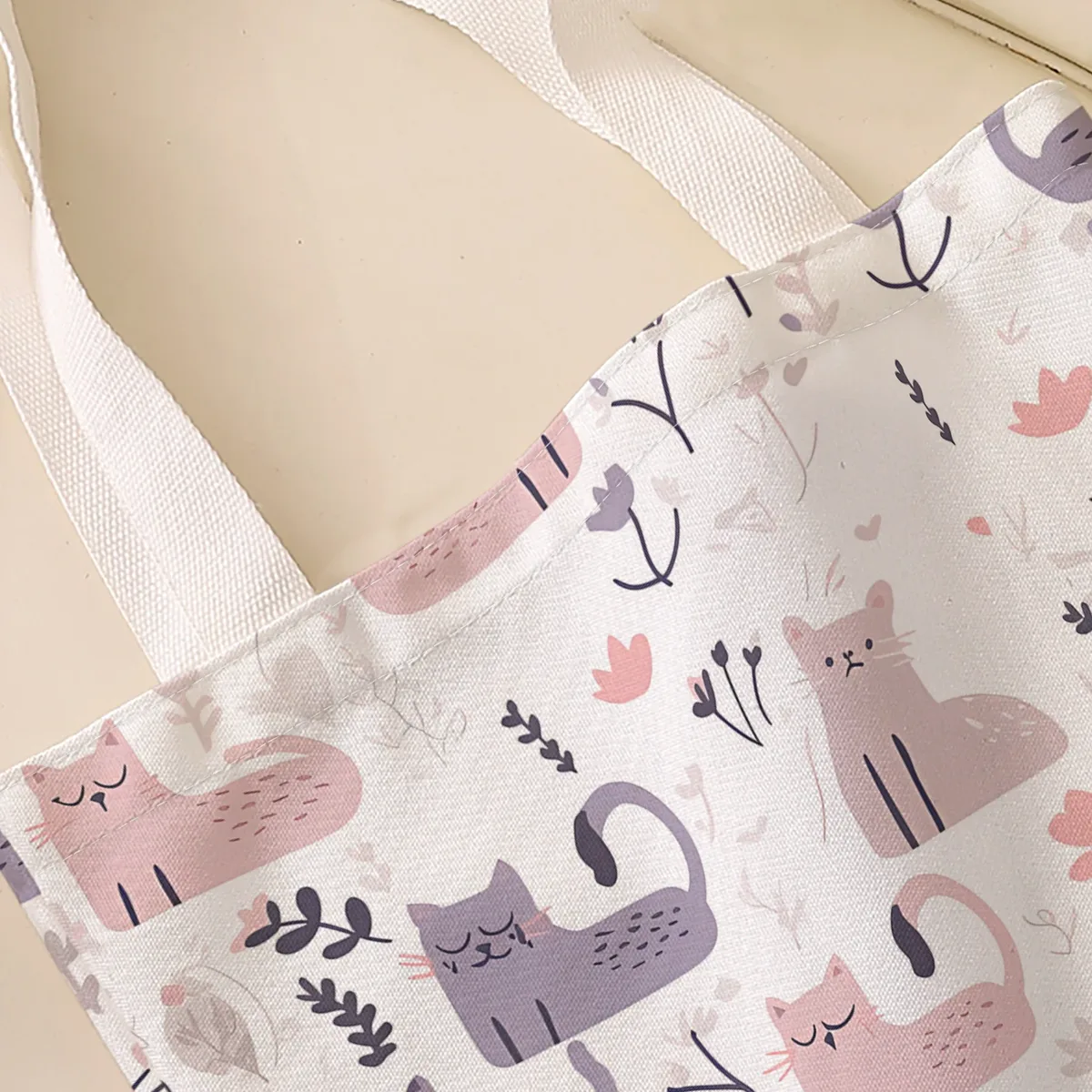 sac fourre-tout rose et violet à imprimé floral et cœur de chat, sac à bandoulière de grande capacité pour le shopping, les voyages et l'usage quotidien