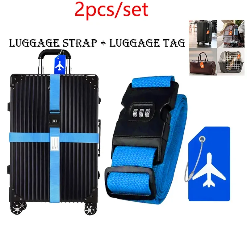 ensemble de 2 sangles de bagages anti-explosion à haute élasticité avec boucle à combinaison à trois chiffres, sangle en nylon résistante à l'usure, étiquette de bagage en silicone anti-perte imprimée avion, adaptées aux valises de 16 à 26 pouces pour le contrôle au port d'entrée de l'aéroport