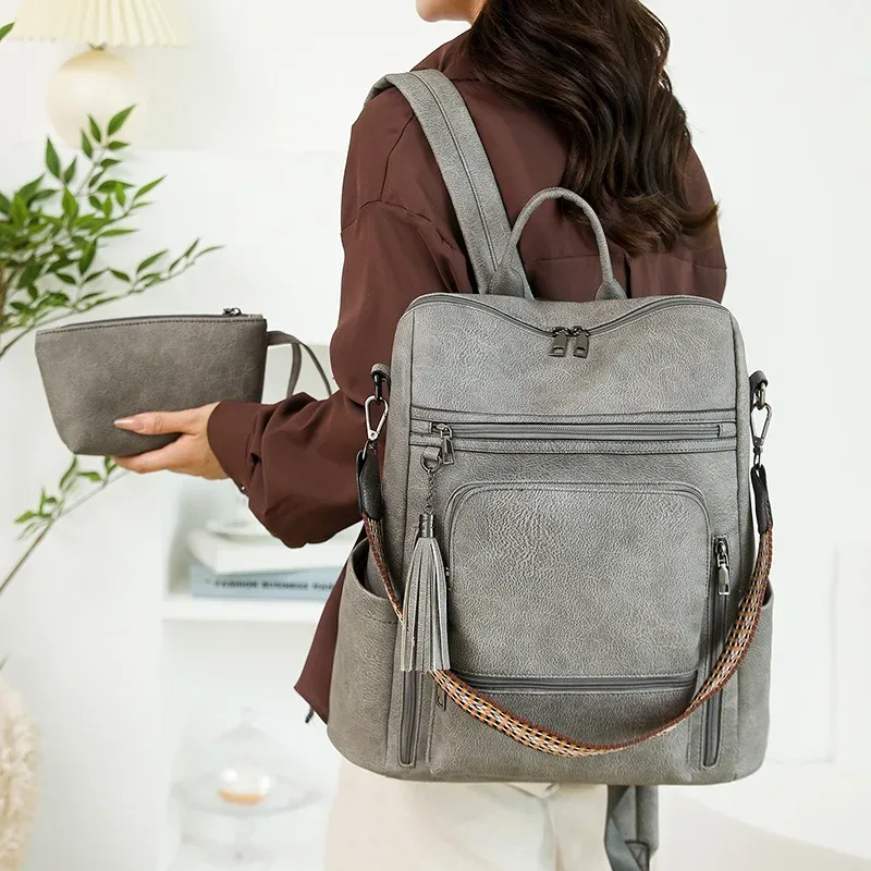 sac à dos/bandoulière portefeuille en cuir pu imperméable et antivol pour femme, grande capacité, style rétro, idéal pour les voyages, le travail et les études.