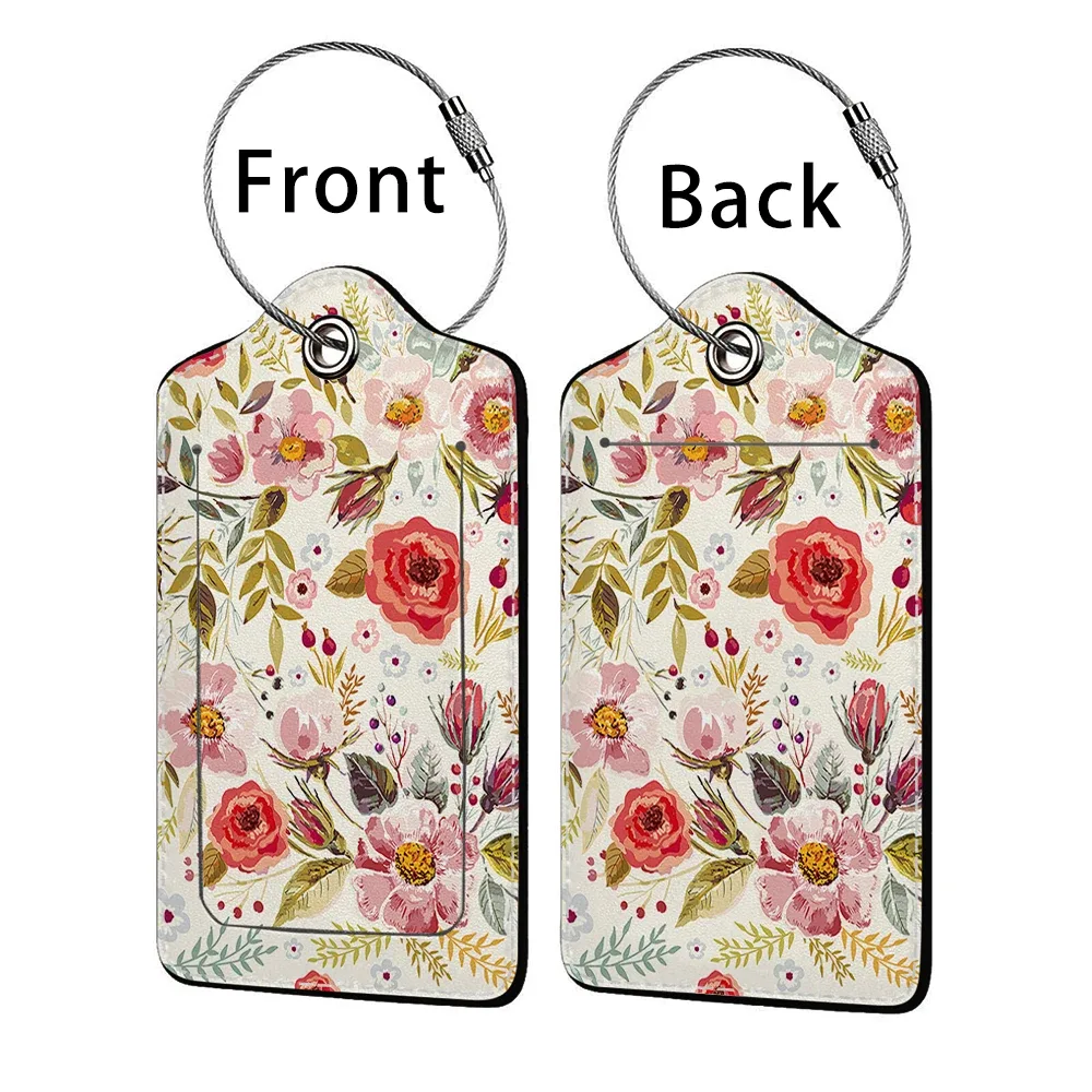 étiquette de bagage d'affaires en cuir imprimé de belles fleurs, étiquette d'adresse de valise, étui d'embarquement de bagages, clip d'adresse d'identification de nom
