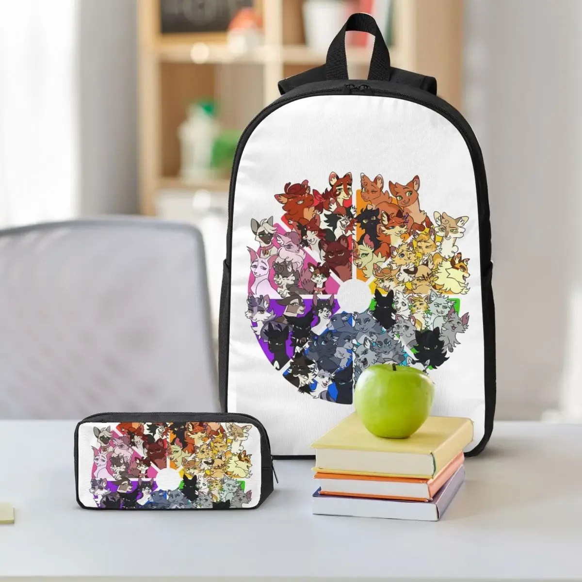 guerrier chats couleur roue sac à dos étudiant garçons filles bookbag sac d'école ordinateur portable sacs à bandoulière 3ps sac à déjeuner isolé trousse à crayons