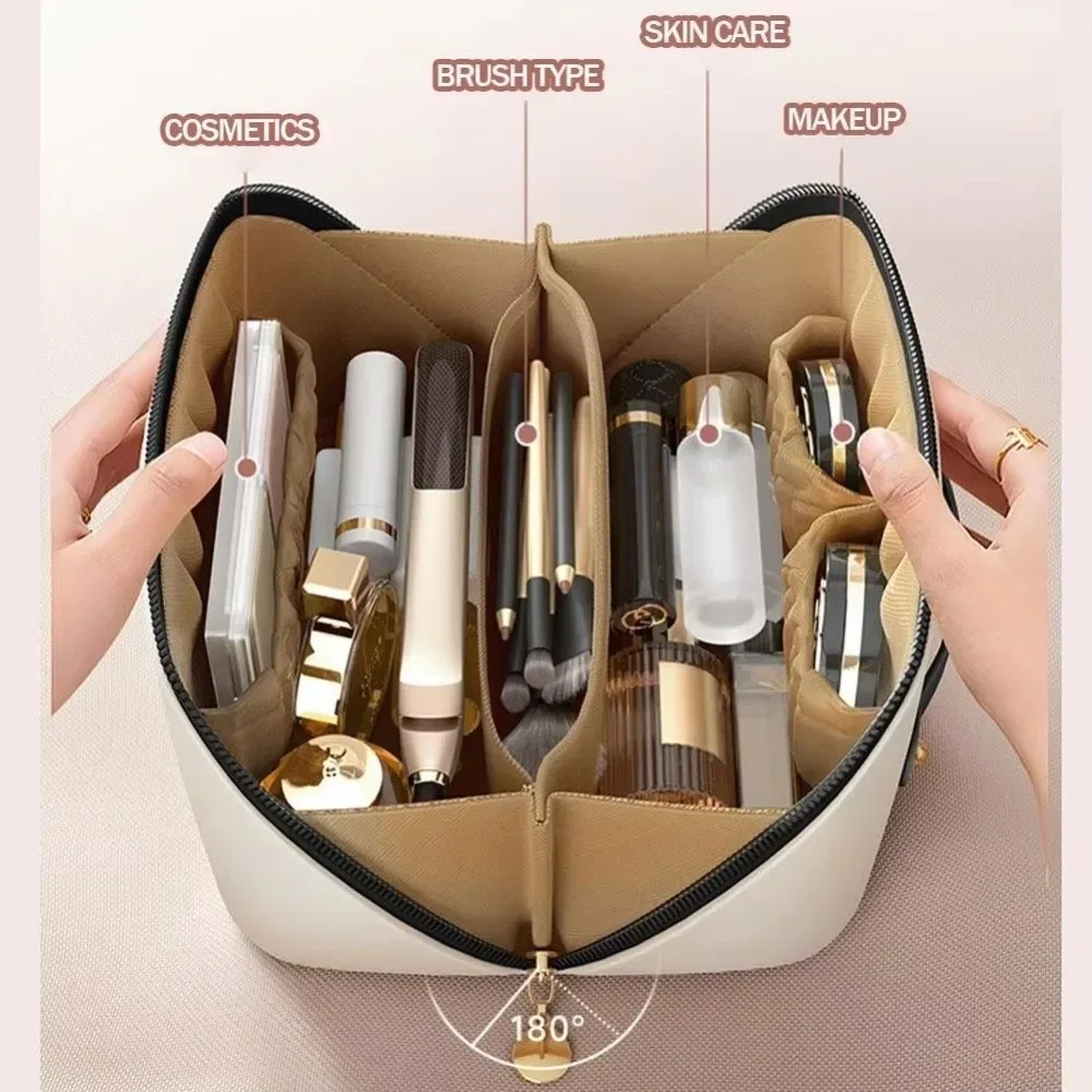 sac de maquillage portable tendance, sac cosmétique en pu, sac de toilette multi-compartiments grande capacité