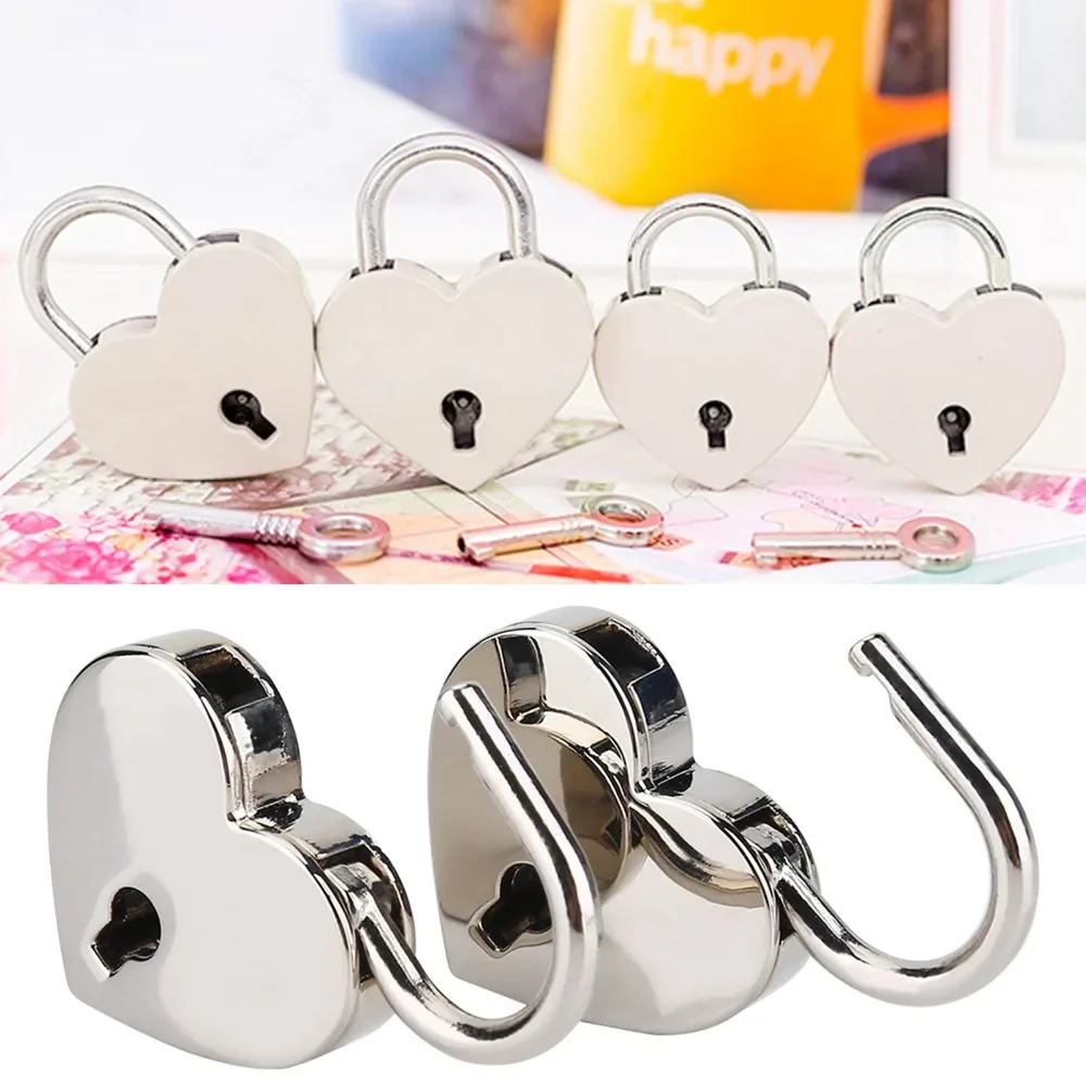 cadenas en forme de cœur argenté, petite taille, mini cadenas avec clé, construction en métal, cadenas en métal pour bagages, 2 pièces