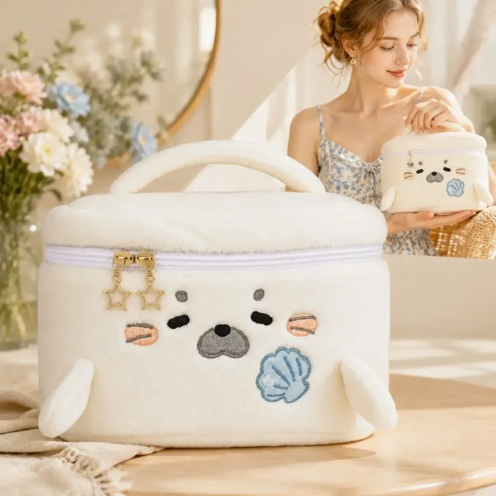 trousse de maquillage grande capacité en forme de phoque moelleux, sac cosmétique portable à motif brodé, trousse de toilette de voyage polyvalente
