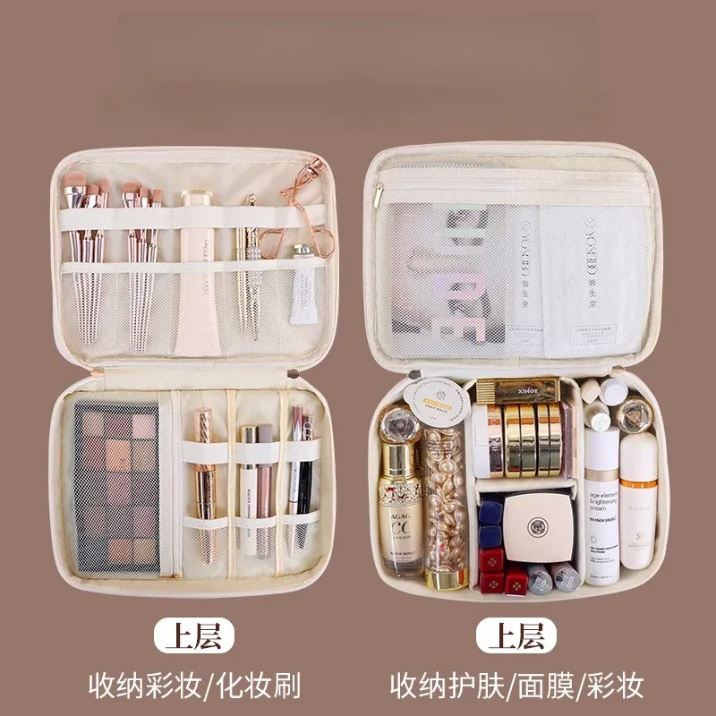 trousse de maquillage double couche en cuir pu, grande capacité, sac de voyage pour cosmétiques, pochette de toilette pour outils de beauté femme