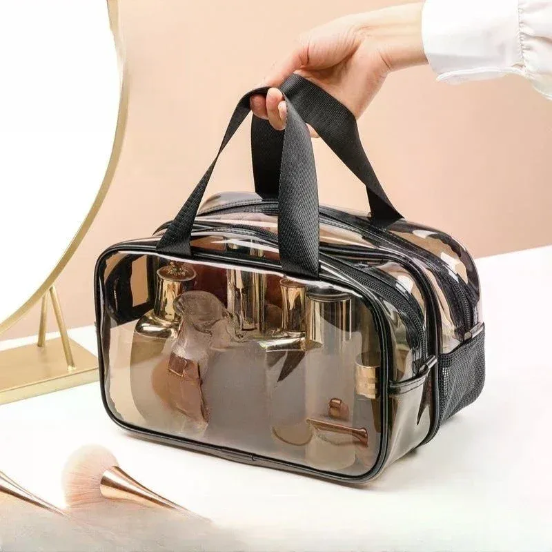 1pcs trousse de toilette double couche grande capacité, organisateur cosmétique portable, sac de voyage transparent et imperméable pour femme