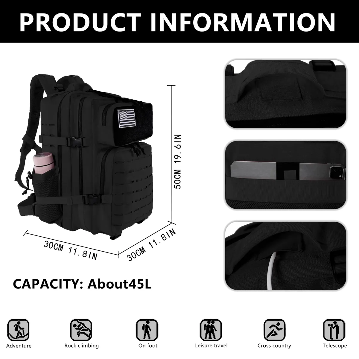 sac à dos de randonnée molle 45l pour homme avec support pour bouteille, sac de randonnée extérieur, sac à dos de fitness