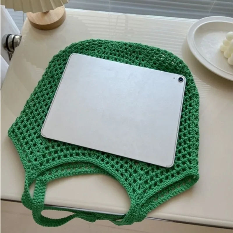 nouveau sac à bandoulière décontracté en coton tricoté grande capacité, style paresseux, avec motif ajouré en paille, pour femme, idéal pour les vacances et la plage