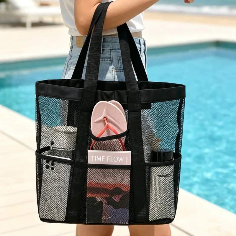 sac fourre-tout de plage grande capacité, sac à main en maille avec poches latérales de rangement, sac de transport portable pour les vacances en plein air et le quotidien