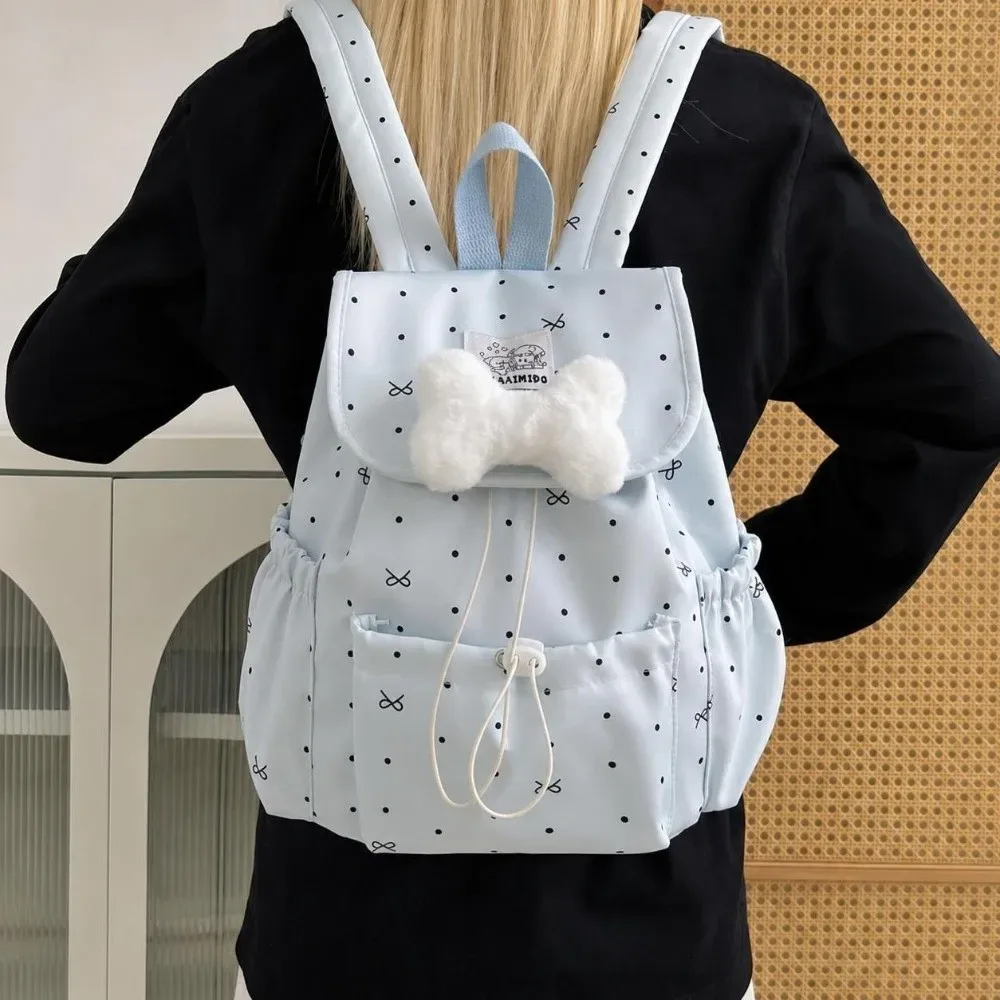 sac à dos à pois avec cordon de serrage, grande capacité, nœud décoratif, double bandoulière, ultra léger, en nylon, pour femmes, idéal pour les trajets quotidiens.