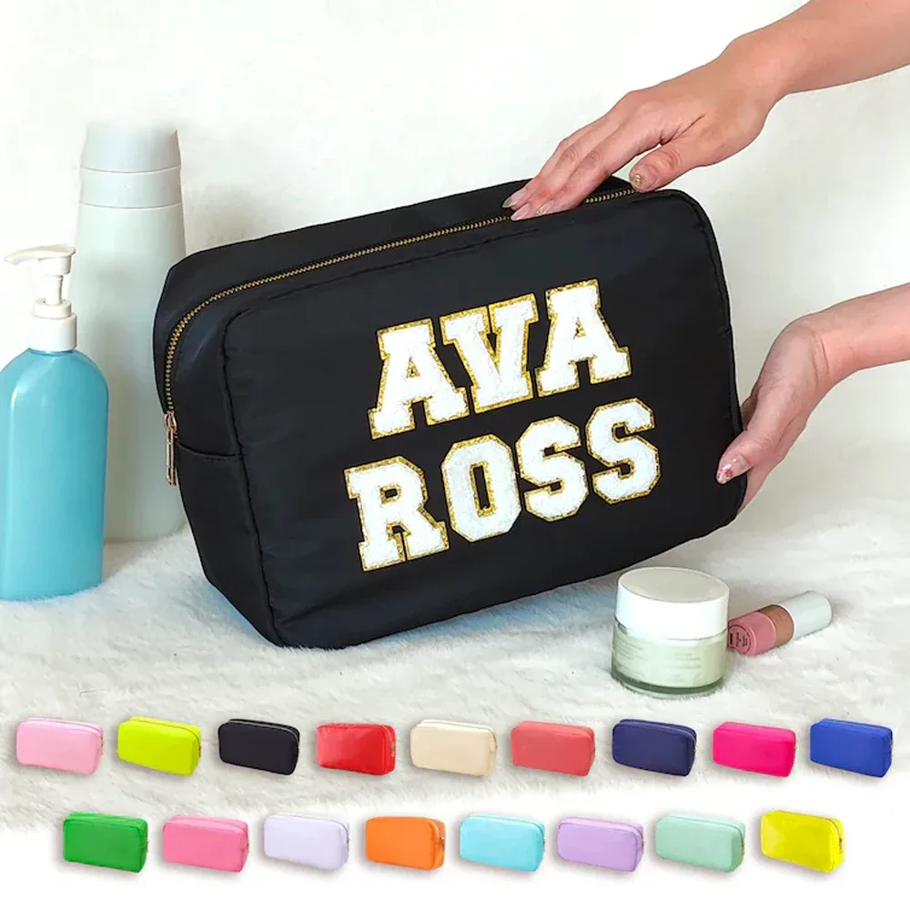 trousse cosmétique violette personnalisée, sac en nylon de maquillage, poudres personnalisées, patch chenille, grand étui de voyage, trousse de toilette, cadeau de mariée, taille xl