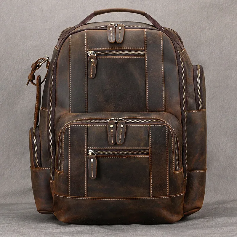 luufan vintage en cuir véritable homme voyage sac à dos fit 15 "ordinateur portable sac à dos en cuir véritable sac d'école grand voyage sac à dos pour homme